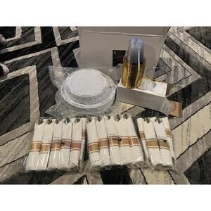 White With Gold Designs Plates, Cups, Silverware Party Set